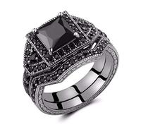 Castillna Ensemble de bagues de fiançailles en argent sterling pour femme avec zircone cubique noir imitation diamant taille princesse solitaire halo, Zircone, argent sterling, plaqué or, métal