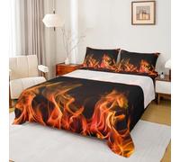 Castle Fairy Parure de lit 4 pièces à motif flammes brûlantes pour enfants, garçons, hommes, adolescents, décoration de chambre, drap plat doux et tendance, 2 taies d'oreiller, pour lit double, rouge
