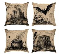 Castle Lot de 4 housses de coussin décoratives avec fermeture éclair dissimulée pour salon, appartement, lit, sofa, décoration d'Halloween, chauve-souris, Halloween, noir, 45,7 x 45,7 cm
