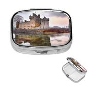 Castle Near Lake Stones Pilulier carré portable à 2 compartiments pour poche ou sac à main, pilulier hebdomadaire, organiseur décoratif en métal pour médicaments, vitamines, cadeau de voyage