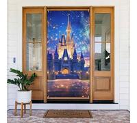 Castle Night Fireworks Couverture de porte Bannière Décoration Toile de fond Panneau de Porche pour Fête de Vacances Fond Photo Booth Utilisation Intérieur Extérieur Taille Unique