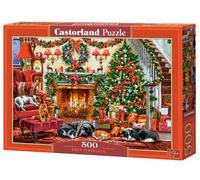CASTORLAND Puzzle de 500 pièces, cheminée confortable, salon de Noël, arbre décoré, cheminée et chiens endormis, art de vacances festif, puzzle pour adultes, B-54060