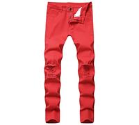 Casual Skinny Ragged Jeans pour Hommes Pantalon croisé Slim Jeans Couleur Unie (Rouge,34)