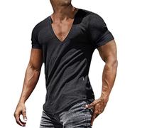 Casual T-Shirt Homme Ample Respirant Basique T-Shirt Col V Simplicité Couleur Unie T-Shirt Homme Été Sport Shirt Léger Confortable Manches Courtes T-Shirt Homme A-Black M