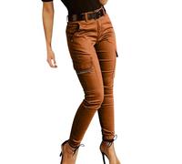 Casual Women's Solid Cargo Pants Belt Casual Zipper Pocket Without Design Color Yoga Pants Jean Taille Haute Jeans Femme Taille Haute (Orange, M)