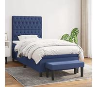 Casvera Lit à sommier tapissier avec matelas, 90 x 190 cm, tissu bleu, cadre de lit avec tête de lit réglable en hauteur, matelas à ressorts ensachés, surmatelas et banc pour chambre à coucher