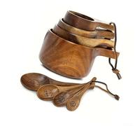 Caswynlife Lot de 2 tasses et cuillères à mesurer en bois d'acacia et hêtre avec marquages gravés, style rustique pour la pâtisserie et la cuisine