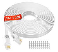 Cat 6 Câble Ethernet 30m, Plat Cable RJ45 30m Blanc, âme en Cuivre Pur Cable Internet Haute Vitesse Gigabit Câble Réseau, 1000Mbps 250MHz Large Bande Cable LAN pour Routeur Switch Modem (30 Clips)