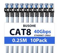 Cat 8 Ethernet Cable 0.25 m (10 Pieces), Gigabit RJ45 Flat High Speed Network LAN Cable, Braided Internet Cable 40Gbps 2000Mhz Compatible with PC, Routers, Modems