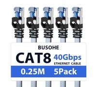Cat 8 Ethernet Cable 0.25 m (5 Pieces), Flat High Speed Gigabit LAN Network Cable, 40Gbps 2000Mhz Compatible with PC, Routers, Modems