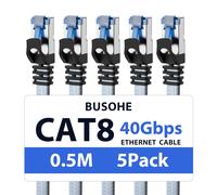 Cat 8 Ethernet Cable 0.5 m (5 Pieces),Gigabit RJ45 Flat High Speed Network LAN Cable,Braided Internet Cable 40Gbps 2000Mhz Compatible with PC,Routers,Modems