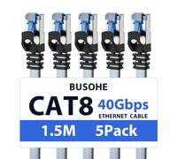 Cat 8 Ethernet Cable 1.5 m (5 Pieces), Gigabit RJ45 Flat High Speed Network LAN Cable, Braided Internet Cable 40Gbps 2000Mhz Compatible with PC, Routers, Modems