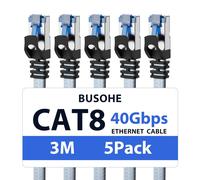 Cat 8 Ethernet Cable 3 Metres (5 Pieces), Gigabit RJ45 Flat High Speed Braided Internet Cable 40Gbps 2000Mhz Compatible with PC, Routers, Modems