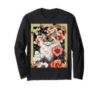 Cat Among Flowers Oriental Floral Pet Art Men Women Kids Manche Longue