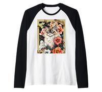 Cat Among Flowers Oriental Floral Pet Art Men Women Kids Manche Raglan