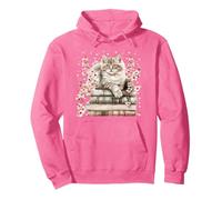 Cat and Book Reading Themed Decor Women Pink Cherry Blossom Sweat à Capuche
