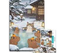 Cat and Capybaras in a Winter Hot Spring Puzzle en Bois, 300 pièces | La progression pièce après pièce: une méthode de montage claire en intérieur.