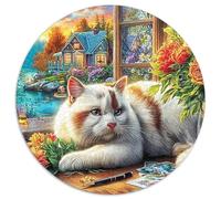 Cat at Window 1000 Pièces Puzzle Circulaire Puzzles Classiques Puzzle Rond Créatif Difficile Impossiblepour Adultes Décoration pour Enfants Cadeau 1000pcs (67.5x67.5cm)