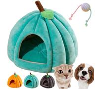 Cat Beds for Indoor Cats Pumpkin, Halloween Cute 3D Pumpkin Cat House with Removable Cushion, Semi-Enclosed Warm Cat Cave Bed for Small Dogs, Plush Washable Pet Tent Sleeping Nest (Green,L)