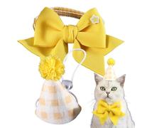 Cat Birthday Hat, Dog Collar Cute Headband, Pet Headwear Adjustable Bow Tie, Small Dog Hat Plaid Hat, Fun Costume Decorations Supplies for Pets, Birthday Accessories