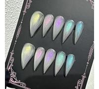 Cat Claw Press on Nails Short Stiletto Aurora Colors Halloween Gothic Purple Animals Style Reusable Thick Acrylic Cat Dragon Eagle Claw False Nail with Designs Glossy Glue on Nail (L)