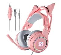 Cat Ear Headphones Pink Gaming Headset with Mic for Switch Xbox One PS4 PS5, Cute Children Girl Kids Wired Light up Kawaii Kitty Noise Cancelling Headphones for Gamer PC Laptop