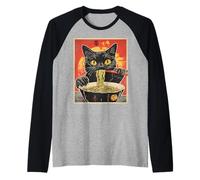 Cat Eating Ramen Vintage Japanese Pop Art Noodles Cat Manche Raglan