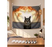 Cat Explosion Flag, Funny Cat Wall Tapestry with Dramatic Blast Graphic, Four-Corner Grommet Banner for Bedroom, Dorm, Garage, Man Cave, Party, Indoor Outdoor Novelty Decor(13.78x19.69in)