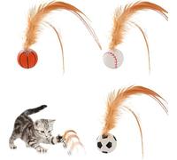 Cat Feather Balls - Cat Balls Bouncy | 3pcs Rubber Cat Pounce Toy Balls with Feathers, Teething Cat Interactive Toys, Entertainment Teething Toy for Indoor Outdoor Interaction, Chewing Training