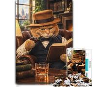 Cat Gentleman Reading Book Puzzle Bois, Puzzle Adulte, 1000 pièces | Cadeau pour amateur de puzzle: loisir pour amateur de puzzle en intérieur.