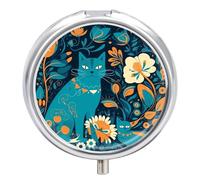 Cat in the Wild Pilulier de voyage à 3 compartiments avec miroir - Pilulier quotidien en métal pour sac à main et poche - Petite boîte à médicaments ronde - Boîte à vitamines