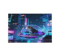 Cat in UFO Over Neon Metropolis Puzzle unique Difficile et défi 500 pièces