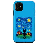 Cat Looking at Starry Night Sky Colorful Moon Houses Stars Coque pour iPhone 11