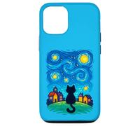 Cat Looking at Starry Night Sky Colorful Moon Houses Stars Coque pour iPhone 12/12 Pro
