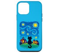 Cat Looking at Starry Night Sky Colorful Moon Houses Stars Coque pour iPhone 12 Mini