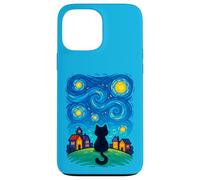 Cat Looking at Starry Night Sky Colorful Moon Houses Stars Coque pour iPhone 13 Pro Max