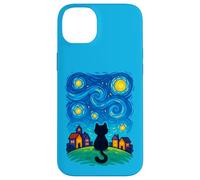 Cat Looking at Starry Night Sky Colorful Moon Houses Stars Coque pour iPhone 14 Plus