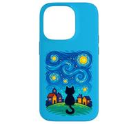 Cat Looking at Starry Night Sky Colorful Moon Houses Stars Coque pour iPhone 14 Pro