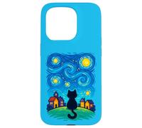 Cat Looking at Starry Night Sky Colorful Moon Houses Stars Coque pour iPhone 15 Pro