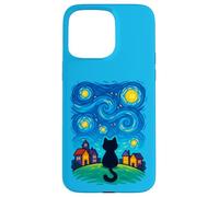 Cat Looking at Starry Night Sky Colorful Moon Houses Stars Coque pour iPhone 15 Pro Max