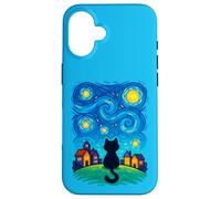 Cat Looking at Starry Night Sky Colorful Moon Houses Stars Coque pour iPhone 16