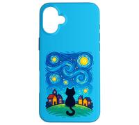 Cat Looking at Starry Night Sky Colorful Moon Houses Stars Coque pour iPhone 16 Plus