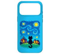 Cat Looking at Starry Night Sky Colorful Moon Houses Stars Coque pour iPhone 17 Pro Max
