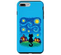 Cat Looking at Starry Night Sky Colorful Moon Houses Stars Coque pour iPhone 7 Plus/8 Plus