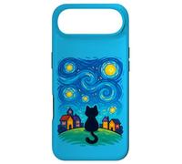 Cat Looking at Starry Night Sky Colorful Moon Houses Stars Coque pour iPhone Air