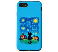 Cat Looking at Starry Night Sky Colorful Moon Houses Stars Coque pour iPhone SE (2020) / 7/8