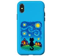 Cat Looking at Starry Night Sky Colorful Moon Houses Stars Coque pour iPhone X/XS