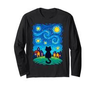 Cat Looking at Starry Night Sky Colorful Moon Houses Stars Manche Longue
