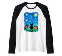 Cat Looking at Starry Night Sky Colorful Moon Houses Stars Manche Raglan