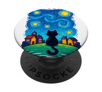 Cat Looking at Starry Night Sky Colorful Moon Houses Stars PopSockets PopGrip Adhésif